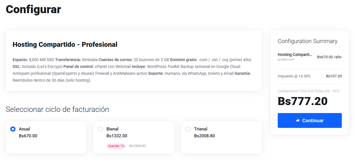 Hosting Bolivia: registro, compra y seguridad 2FA 6 Configuración de ciclo de facturación